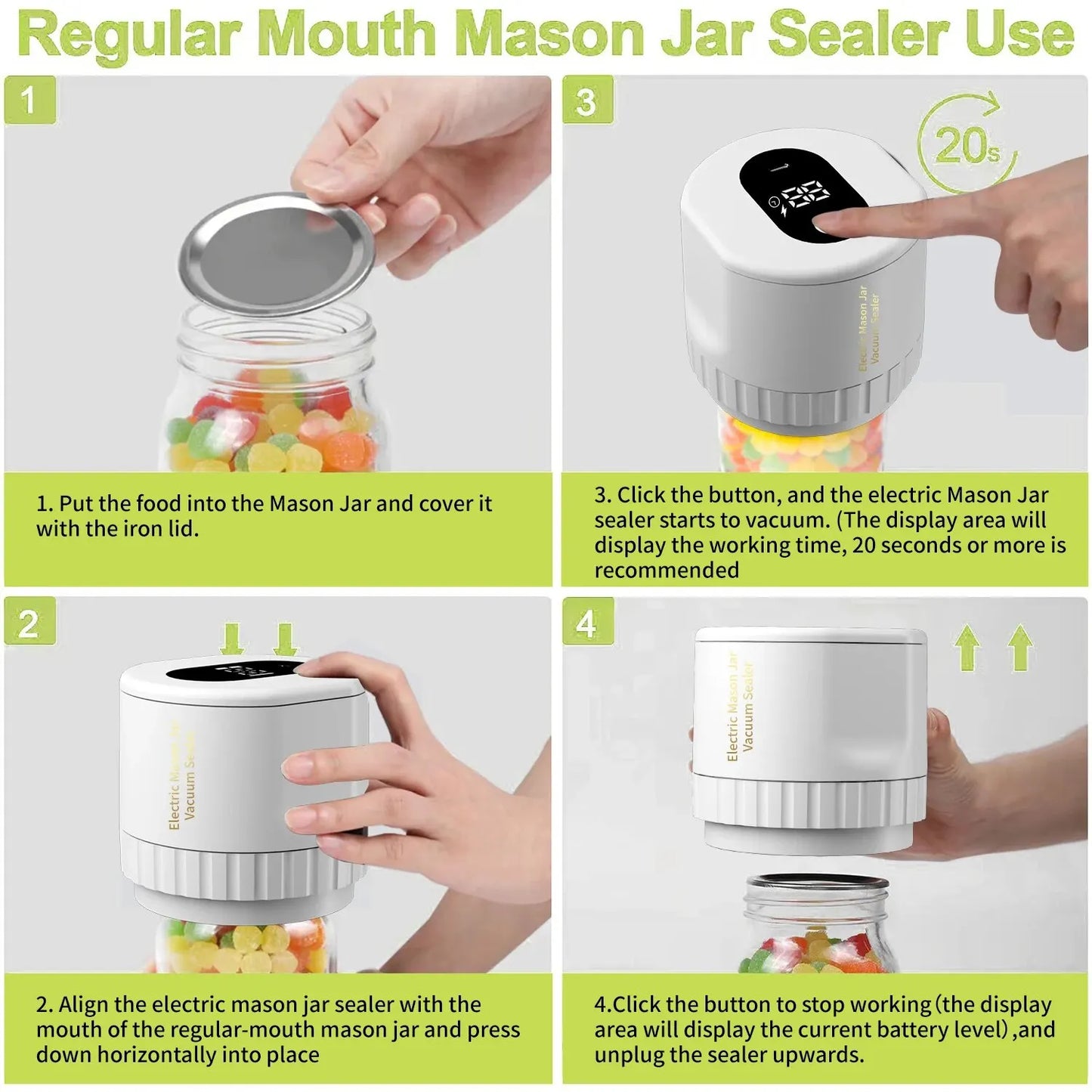 Electric Mason Jar Vacuum Sealer, Cordless Vacuum Sealer Kit for Wide-Mouth and Regular-Mouth Mason Jars, for Food Storage - NJPH Best Selling 