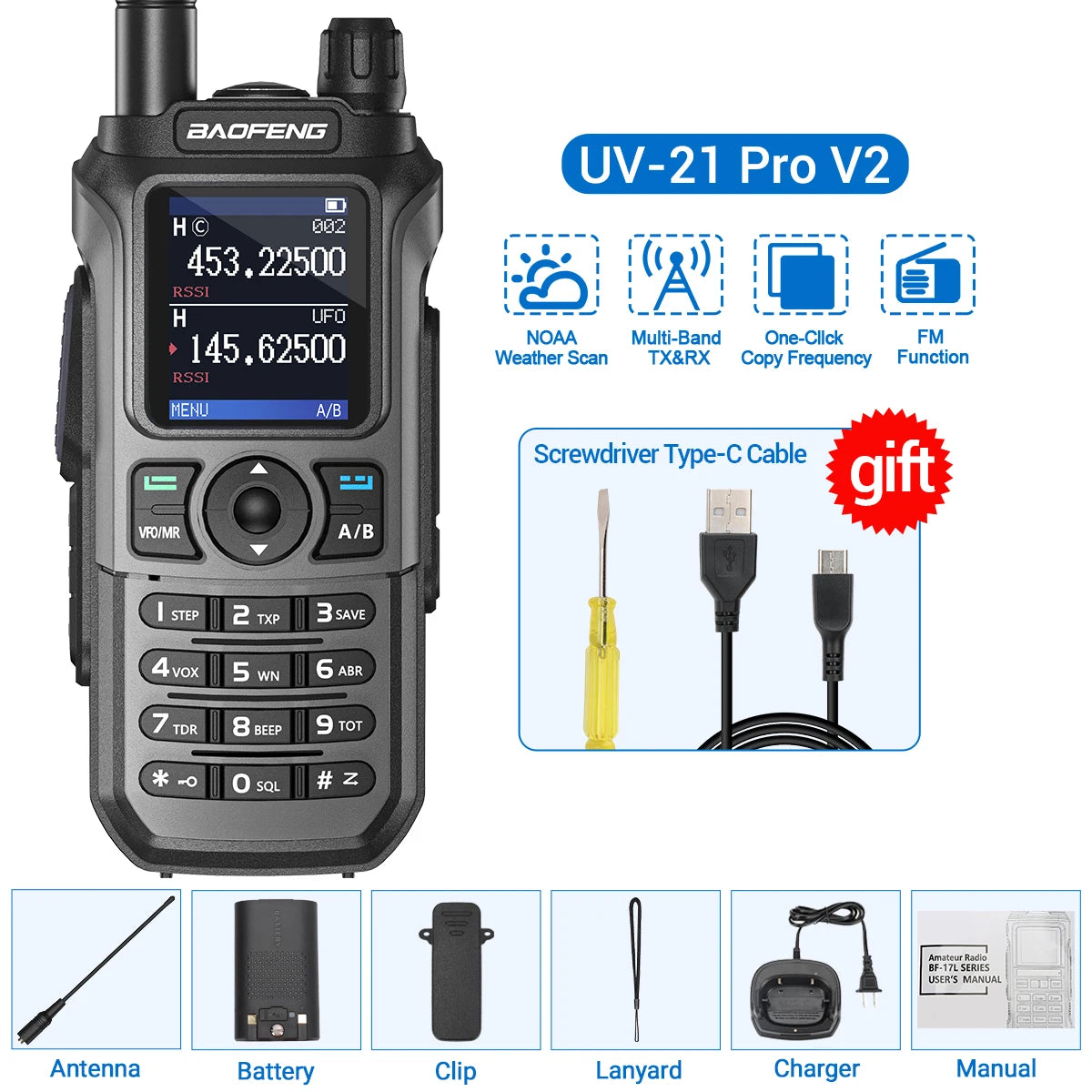 Baofeng UV-21 Pro V2 Wireless Copy Frequency Tri Band Powerful Waterproof Long Range UV-5R 22Pro S22 Type-C Two Way Radio - NJPH Best Selling 