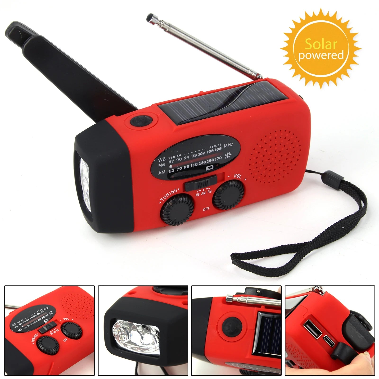 Multifunctional Solar Hand Crank Radio FM AM WB NOAA Weather Radio 2000mAh USB Charging Emergency LED Flashlight Power Band - NJPH Best Selling 