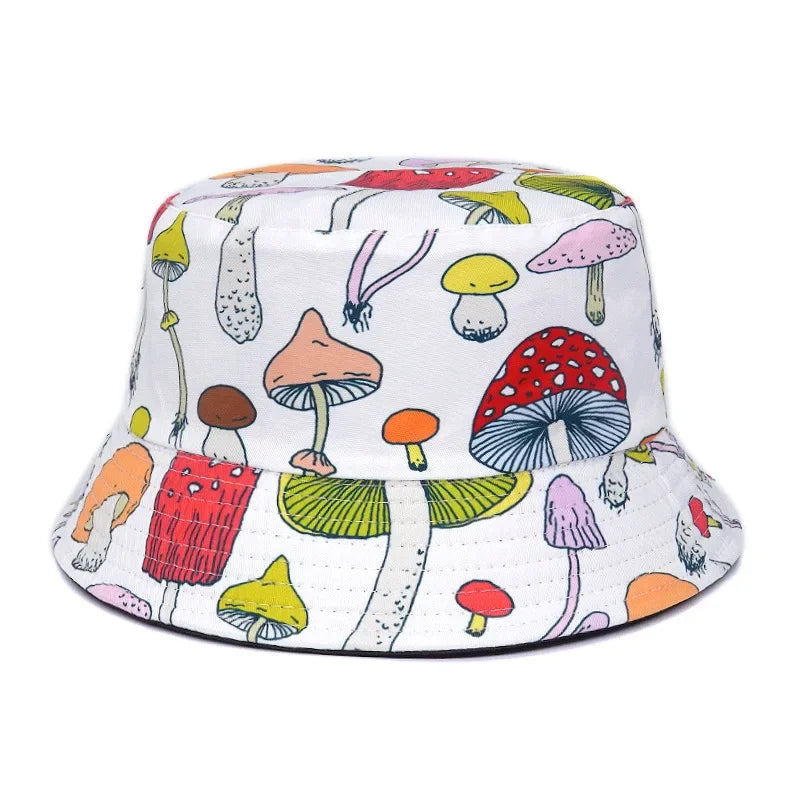 2023 New Mushroom Print Fisherman Hat Women Men Bucket Hat Outdoor Double-sided Sunshade Fashion Basin Panama Bob Cap - NJPH Best Selling 