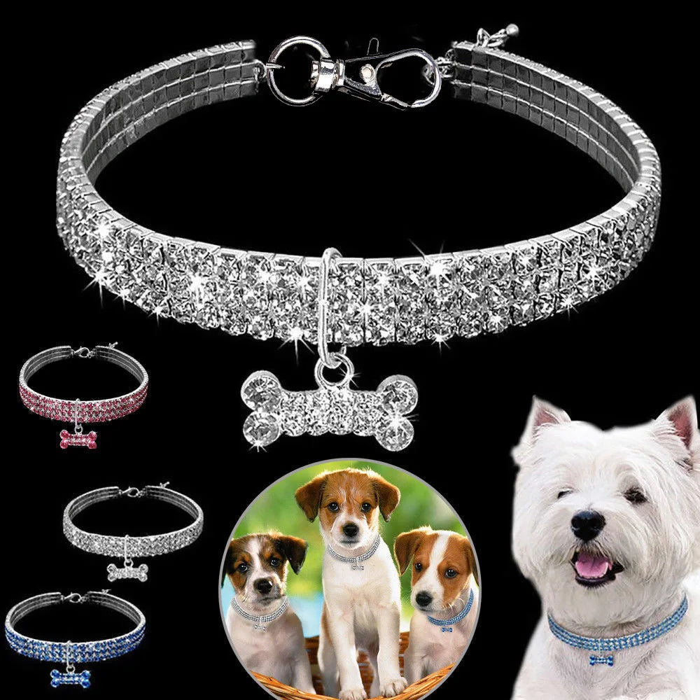 1Pcs Luxury Dog Collar for Big Small Dog LuxuryGlitter Jeweled Bone Pendent Luxury Elastic Crystal Dog Collar Dog Accessories - NJPH Best Selling 