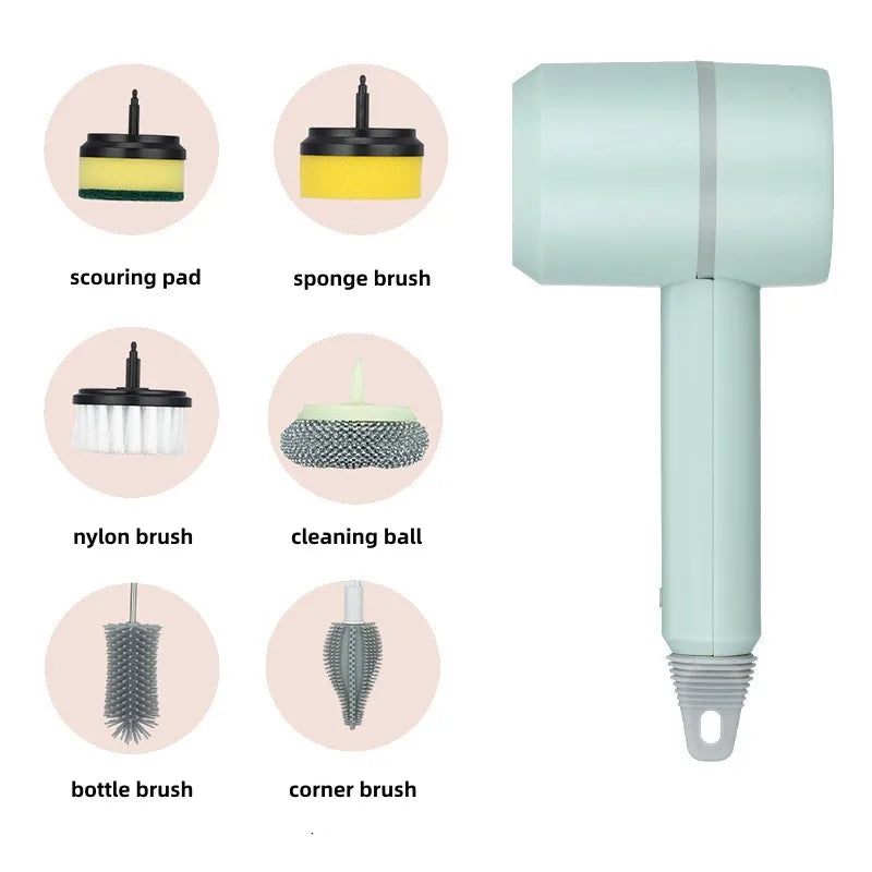 Multifunctional Electric Spin Scrubber Rechargeable with 6 Replaceable Cleaning Brush Heads or Bathroom Kitchen Oven Dish Floor - NJPH Best Selling 