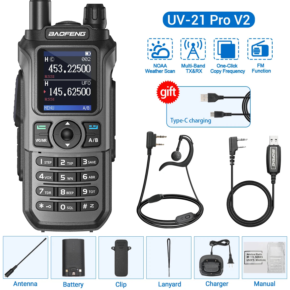 Baofeng UV-21 Pro V2 Wireless Copy Frequency Tri Band Powerful Waterproof Long Range UV-5R 22Pro S22 Type-C Two Way Radio - NJPH Best Selling 