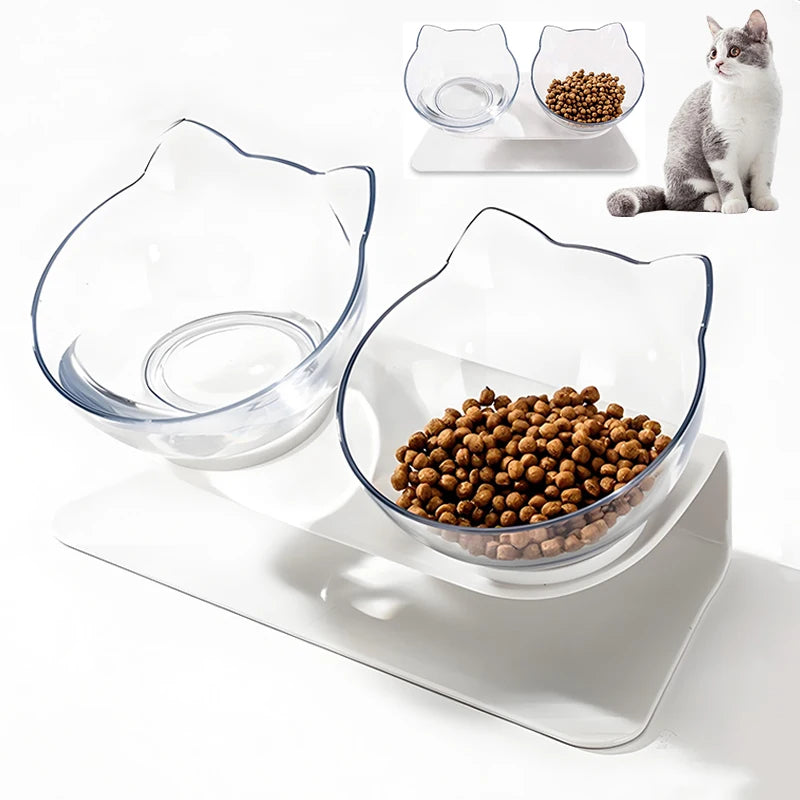 Non-slip Double Elevated Cat Bowls with Stand, 15 Tilte Raised Cat Watering & Feeding Bowls, Neck Guard Pet Feeder Bowl for Cat - NJPH Best Selling 