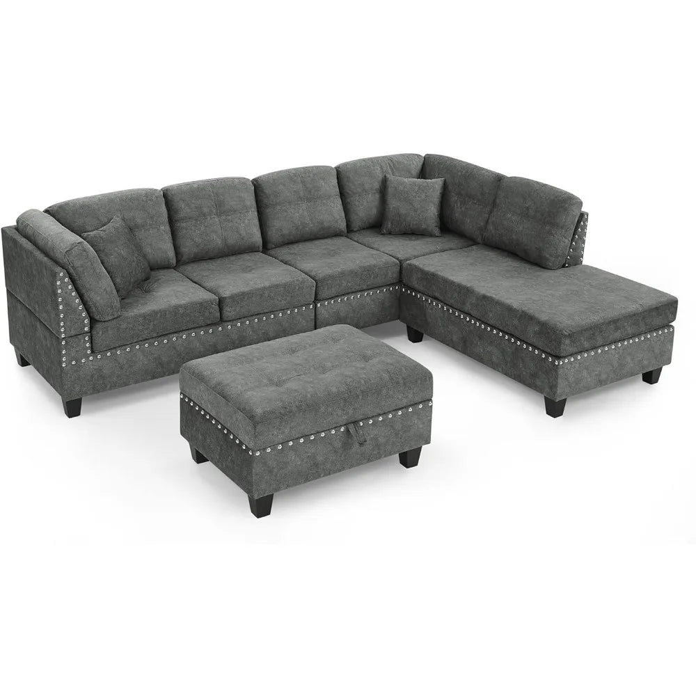 Living Room Furniture Sets,Sectional Sofa with Storage Ottoman,L-Shaped 2 Pillows&Extra Wide Reversible Chaise