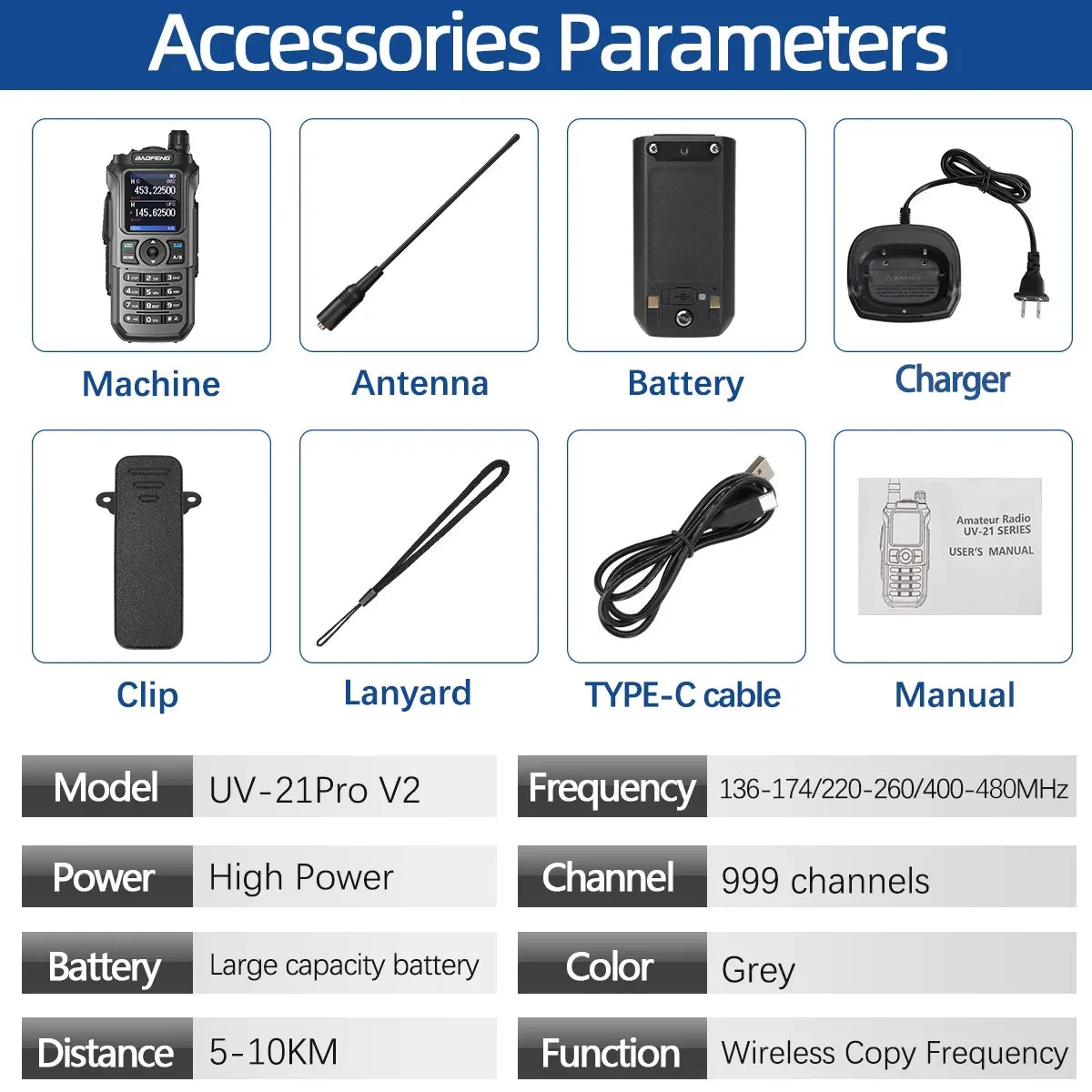 Baofeng UV-21 Pro V2 Wireless Copy Frequency Tri Band Powerful Waterproof Long Range UV-5R 22Pro S22 Type-C Two Way Radio - NJPH Best Selling 