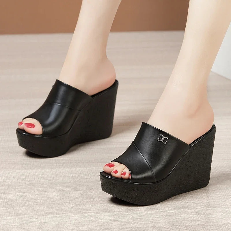 Summer Ladies Slippers New Fashion Thick Sole Wedge Women's Sandals 2024 Designer High Heel Sandals Open Toe Fish Mouth Shoes - NJPH Best Selling 