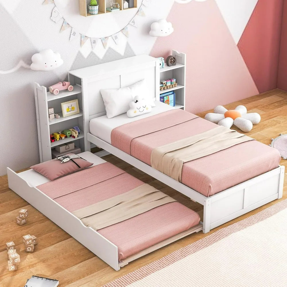 Twin Bed Frame with Trundle, Wooden Bed Frame with 2 Rolling Bookcases & High Headboard, Storage Platform Bed for Kids,