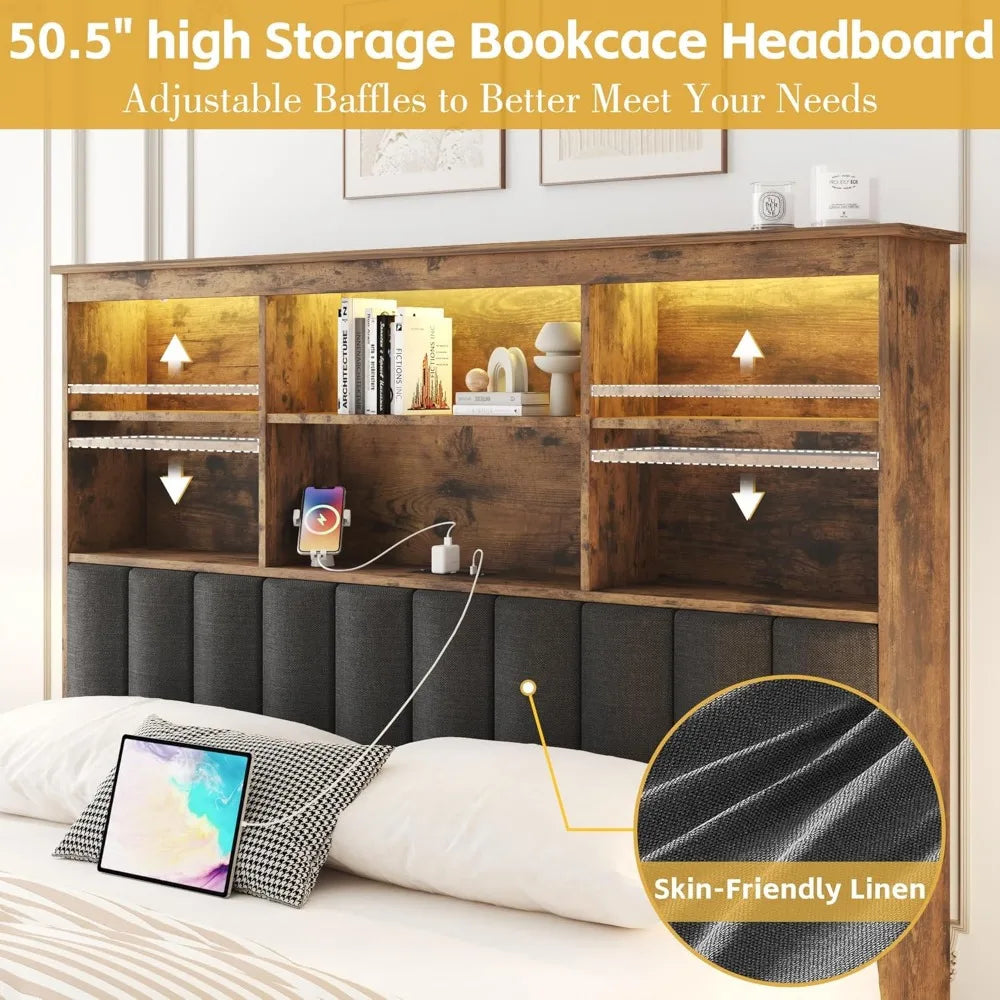 Queen Bed Frame with Headboard, Queen Bed Frame with High Storage Bookcase Headboard,4 Storage Drawers & Charging Station