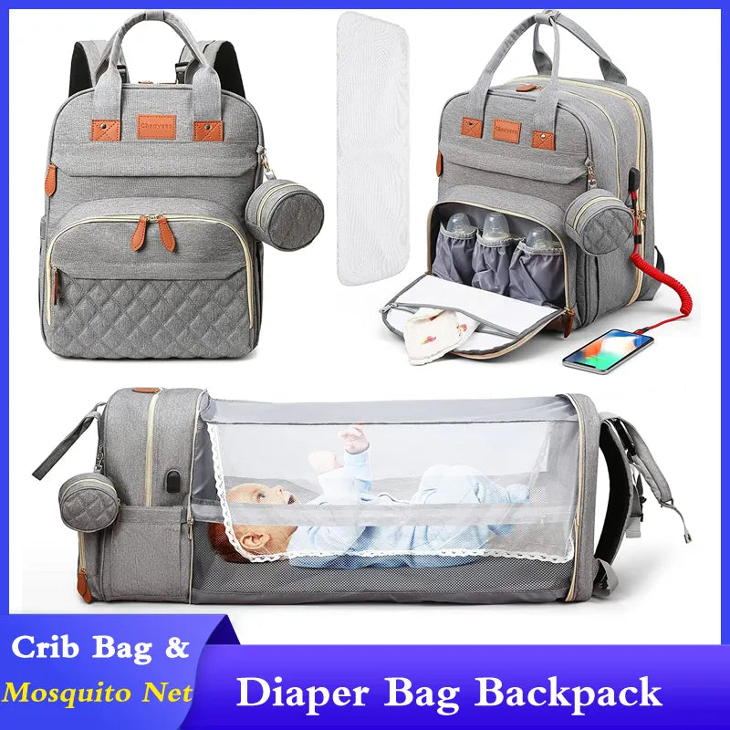 3 In 1 Diaper Bag Backpack Foldable Baby Bed Waterproof Travel Bag with USB Charge Diaper Bag Backpack with Changing Bed 3 types - NJPH Best Selling 