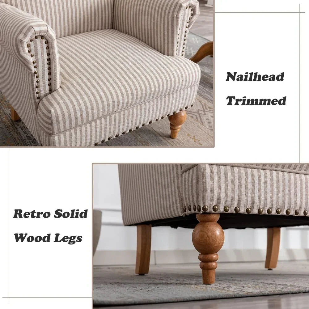 Linen Accent Chairs, Set Of 2 With Nailhead Trim & Wood Legs Comfy Upholstered ,living Room Chairs