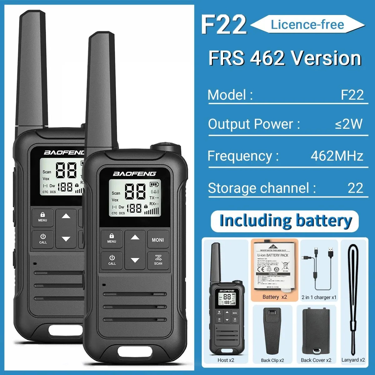 2pcs Baofeng F22 Mini Walkie Talkie PMR FRS Long Range Rechargable Portable Kids Two Way Radio Type-C Charger for Camping Trip - NJPH Best Selling 