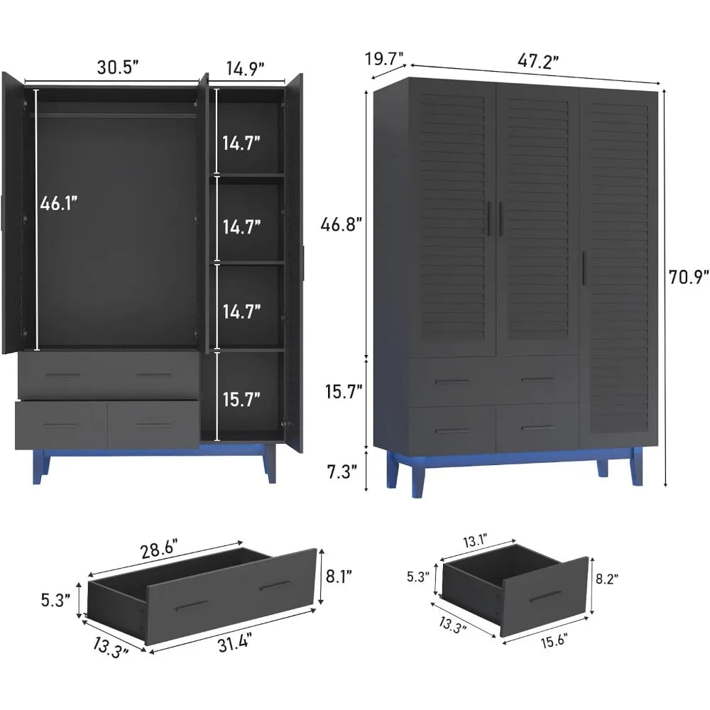 3 Door Armoire Wardrobe Closet Cabinet with Drawers and LED Lights, Multi-Tier Shelves, Hanging Rod & 3 Louver Doors,  Wardrobes