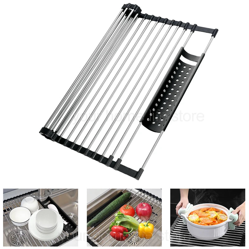 Kitchen Foldable dish drying Rack 304 Stainless Steel,Kitchen accessories,Anti-Slip Roll-up Dish Drying Rack for kitchen Counter - NJPH Best Selling 