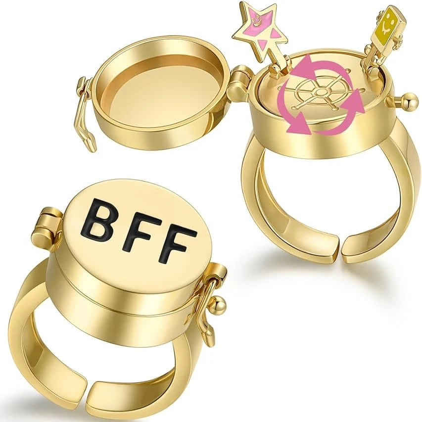 YILUOCD 2 Pcs Gold Color Spinner BFF Matching Rings Best Friend Open Rotate Ring Forever Friendship Cute Cartoon Anime Jewelry - NJPH Best Selling 