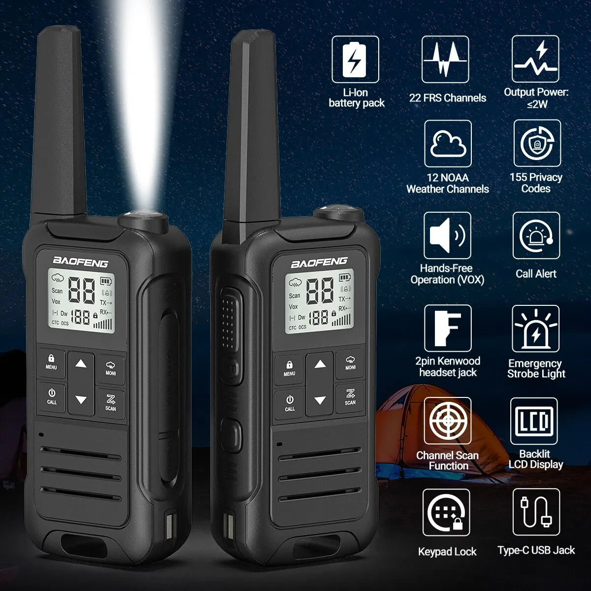 2pcs Baofeng F22 Mini Walkie Talkie PMR FRS Long Range Rechargable Portable Kids Two Way Radio Type-C Charger for Camping Trip - NJPH Best Selling 