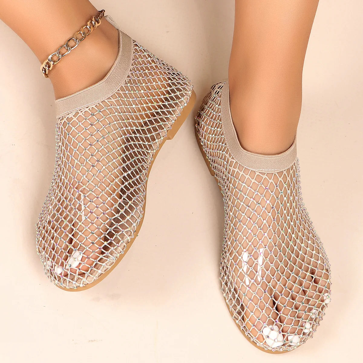 2024 Summer Women's New Round Toe Flat Bottom Sandals Hollow Short Boots Water Diamond Sexy Flat Bottom Fashion Banquet Slippers - NJPH Best Selling 