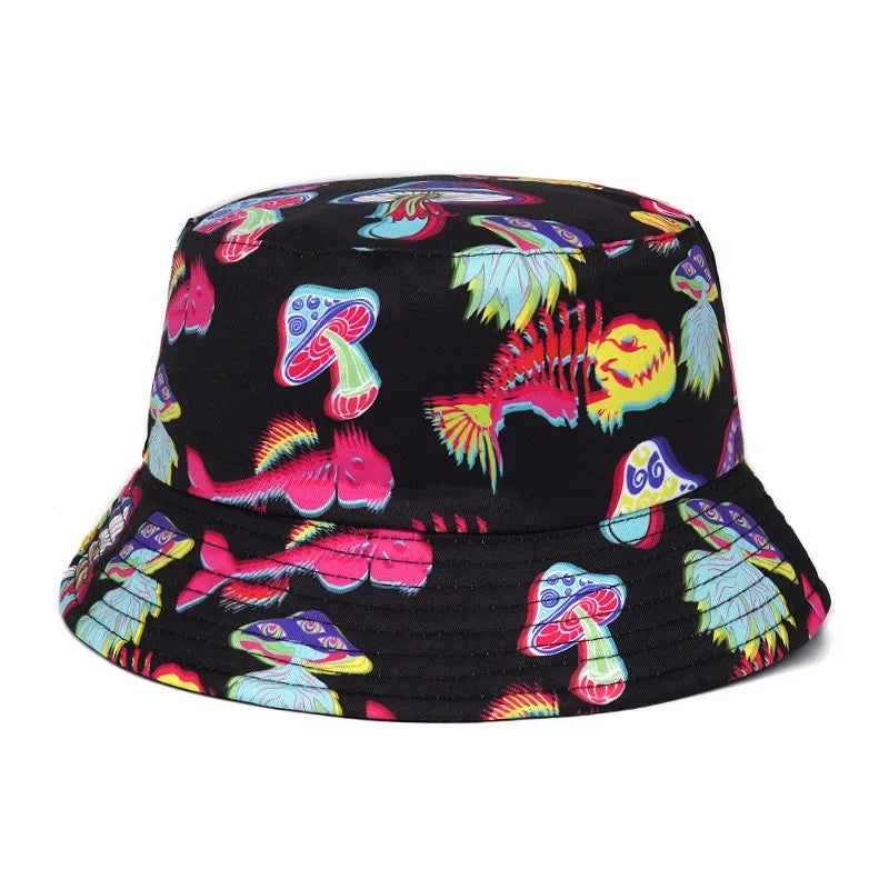 2023 New Mushroom Print Fisherman Hat Women Men Bucket Hat Outdoor Double-sided Sunshade Fashion Basin Panama Bob Cap - NJPH Best Selling 