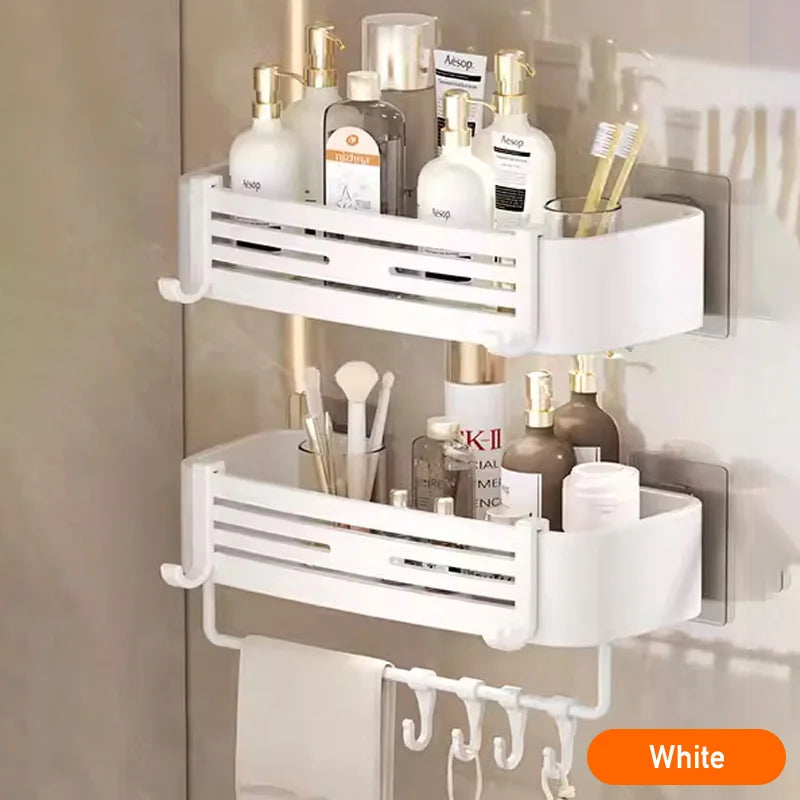 White Aluminum Bathroom Storage Shelves Rack Wall Mounted Without Drilling Kitchen Shower Shampoo Caddy Holder Organizer Shelf - NJPH Best Selling 