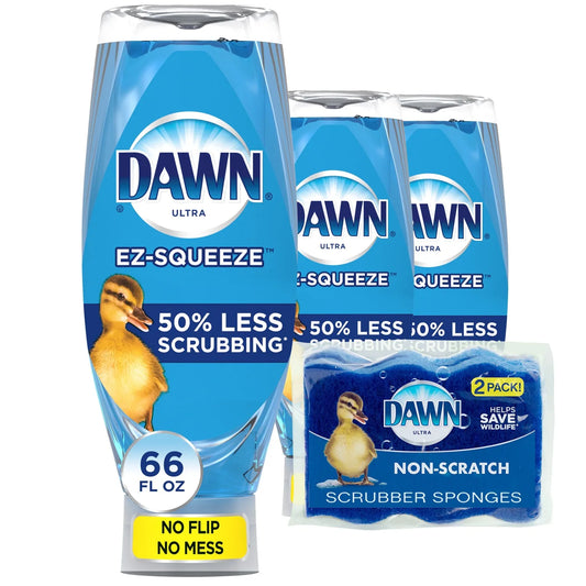 Dawn EZ-Squeeze Ultra Dish Soap Dishwashing Liquid, Original Scent, 22 fl oz, Pack of 3 + 2 Sponges - NJPH Best Selling 