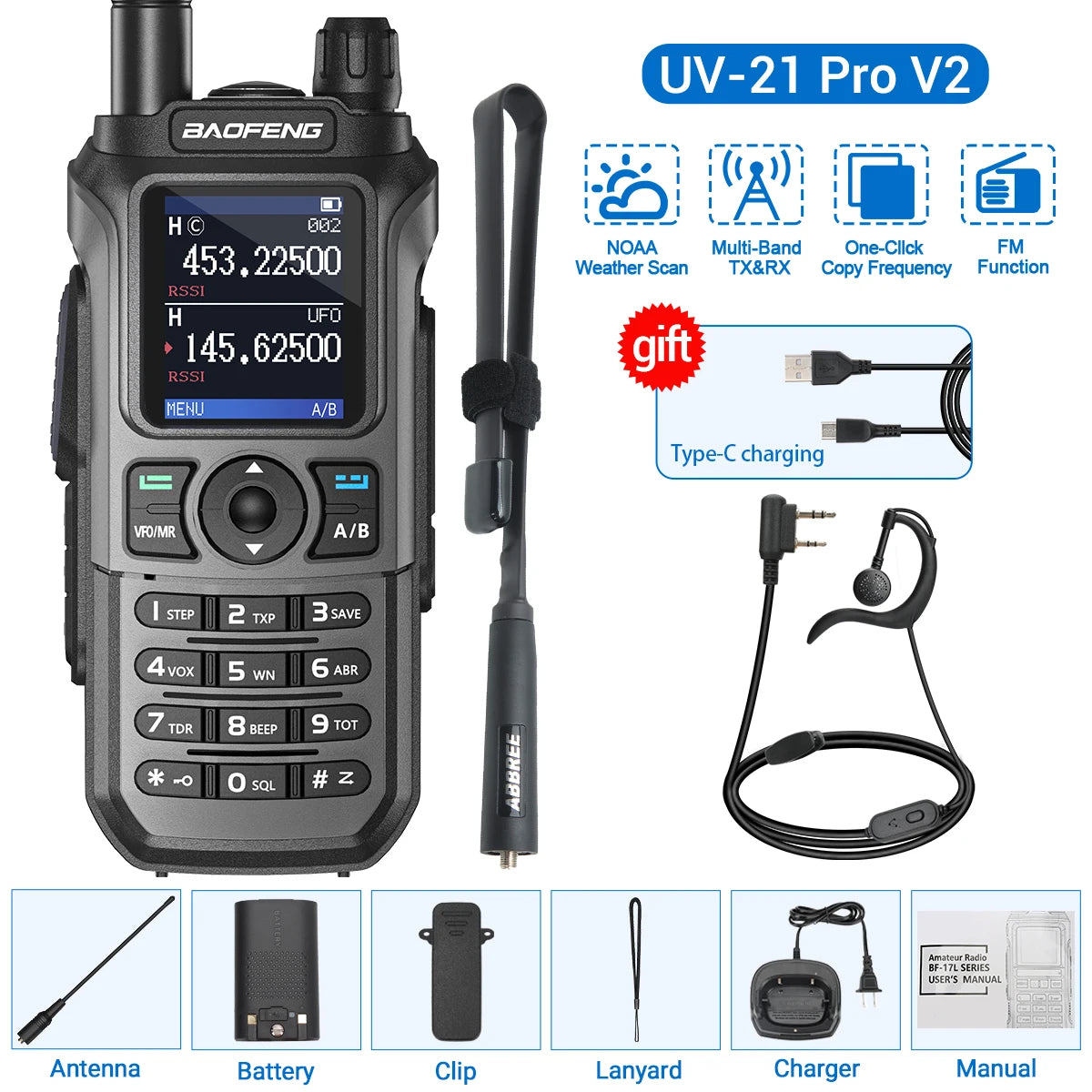 Baofeng UV-21 Pro V2 Wireless Copy Frequency Tri Band Powerful Waterproof Long Range UV-5R 22Pro S22 Type-C Two Way Radio - NJPH Best Selling 