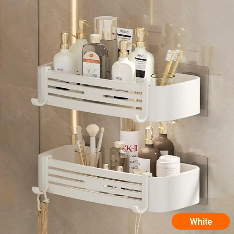 White Aluminum Bathroom Storage Shelves Rack Wall Mounted Without Drilling Kitchen Shower Shampoo Caddy Holder Organizer Shelf - NJPH Best Selling 