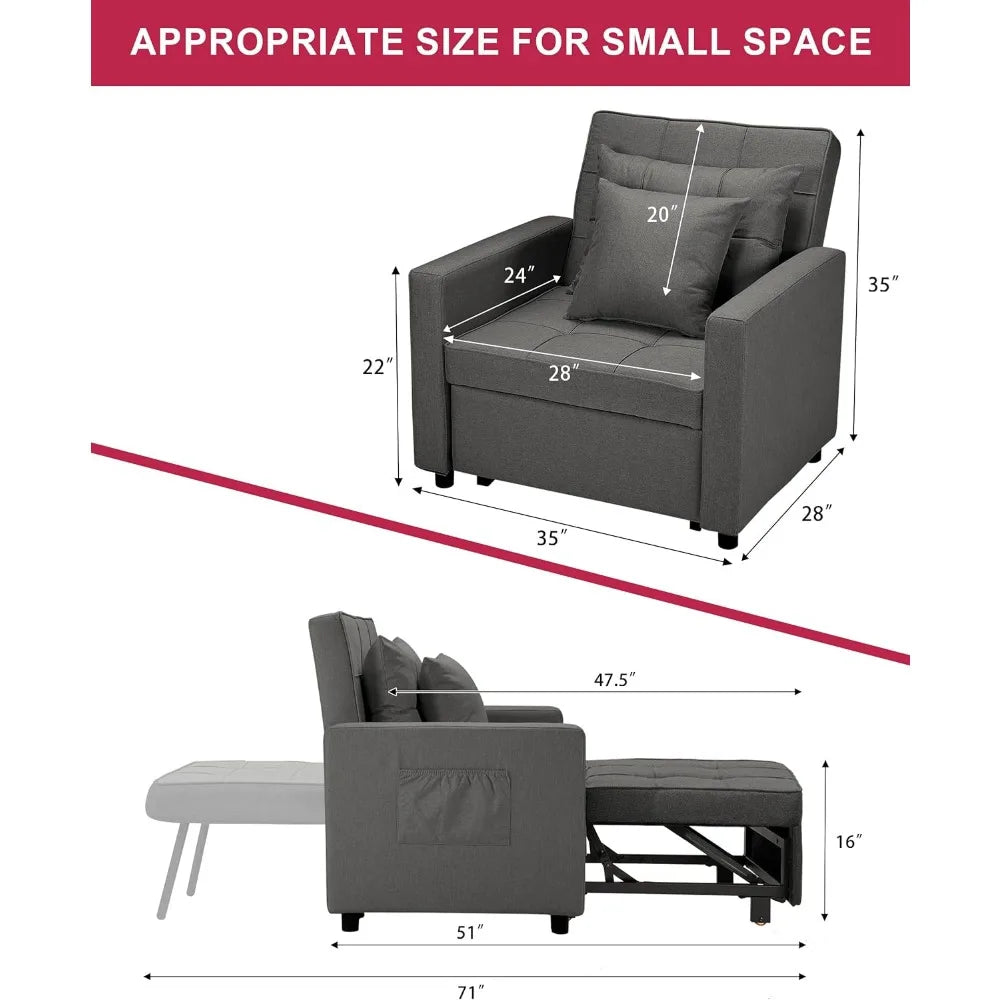 Convertible Chair Sleeper Bed, Stepless Adjustable Backrest, Futon Chair Turns Into Bed, Sleeper Sofa