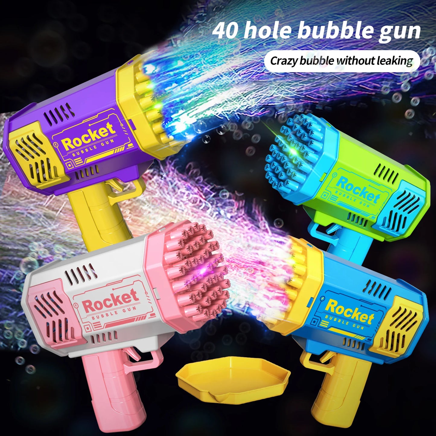 One Pack Of Children's 40 Holes Rocket Launcher Handheld Portable Electric Automatic Bubble Gun LED Light For Boys And Girls - NJPH Best Selling 