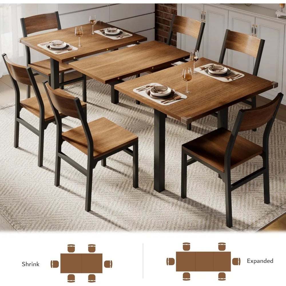 7 Pieces Dining Table with 6 Chairs, 63" Extendable Kitchen Table & Chairs Set for 4-6, Dining Room Table with Metal Frame & MDF