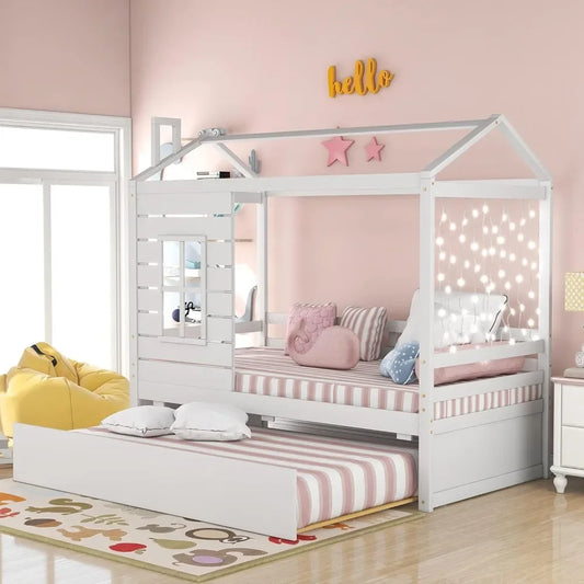 House Bed with Trundle, Window and Roof, Wood Bunk Bed Daybed Can be Decorated for Girls, Boys