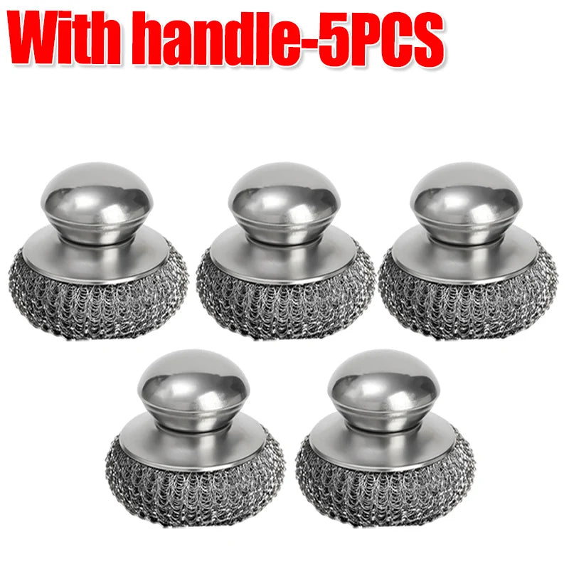 5/1Pcs Pot and Dish Brush Stainless Steel Round Handle Steel Ball Household Rust Removal Cleaning Tool Kitchen Utensils Scrubber - NJPH Best Selling 