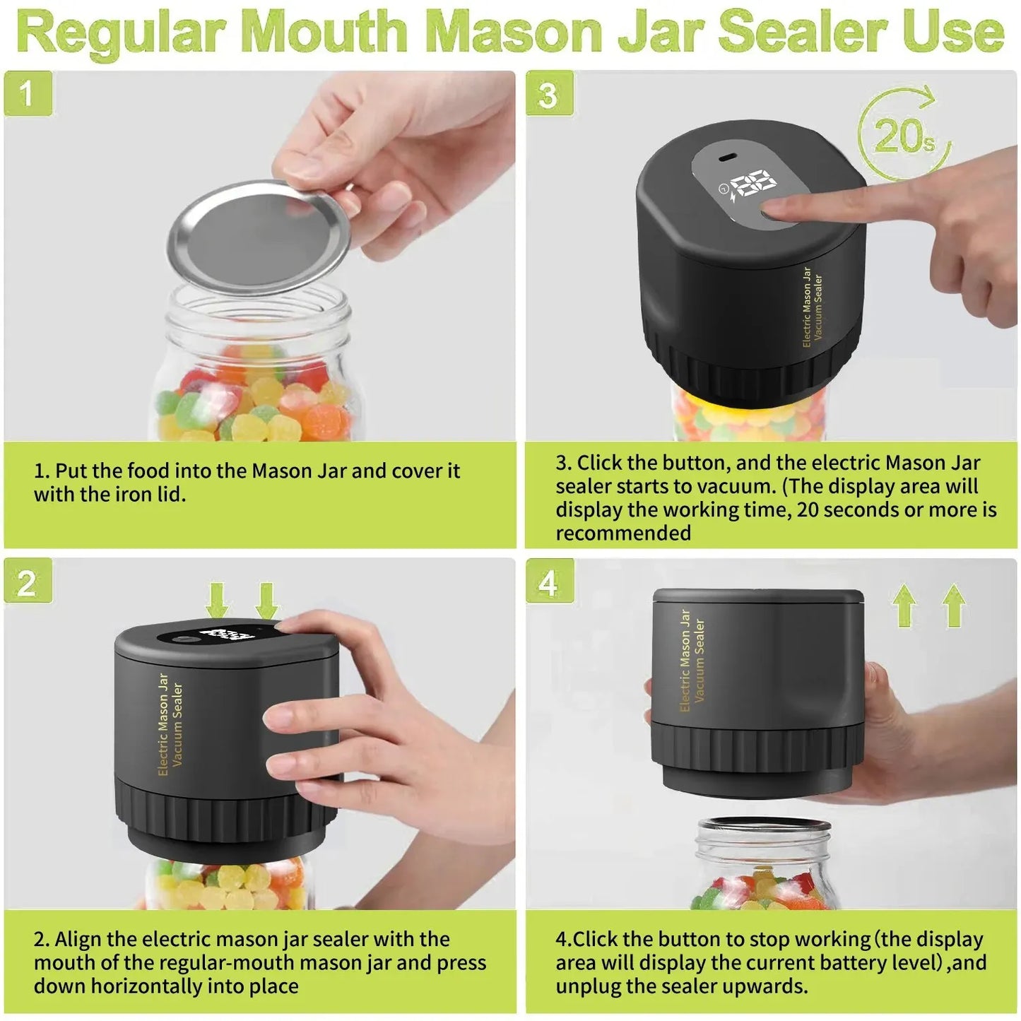 Electric Mason Jar Vacuum Sealer, Cordless Vacuum Sealer Kit for Wide-Mouth and Regular-Mouth Mason Jars, for Food Storage - NJPH Best Selling 