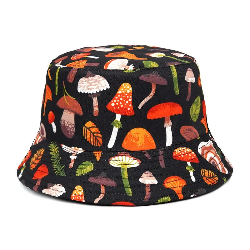 2023 New Mushroom Print Fisherman Hat Women Men Bucket Hat Outdoor Double-sided Sunshade Fashion Basin Panama Bob Cap - NJPH Best Selling 