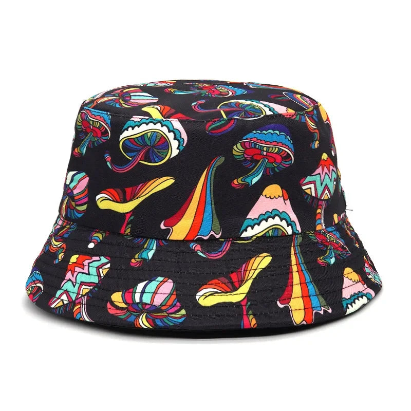 2023 New Mushroom Print Fisherman Hat Women Men Bucket Hat Outdoor Double-sided Sunshade Fashion Basin Panama Bob Cap - NJPH Best Selling 