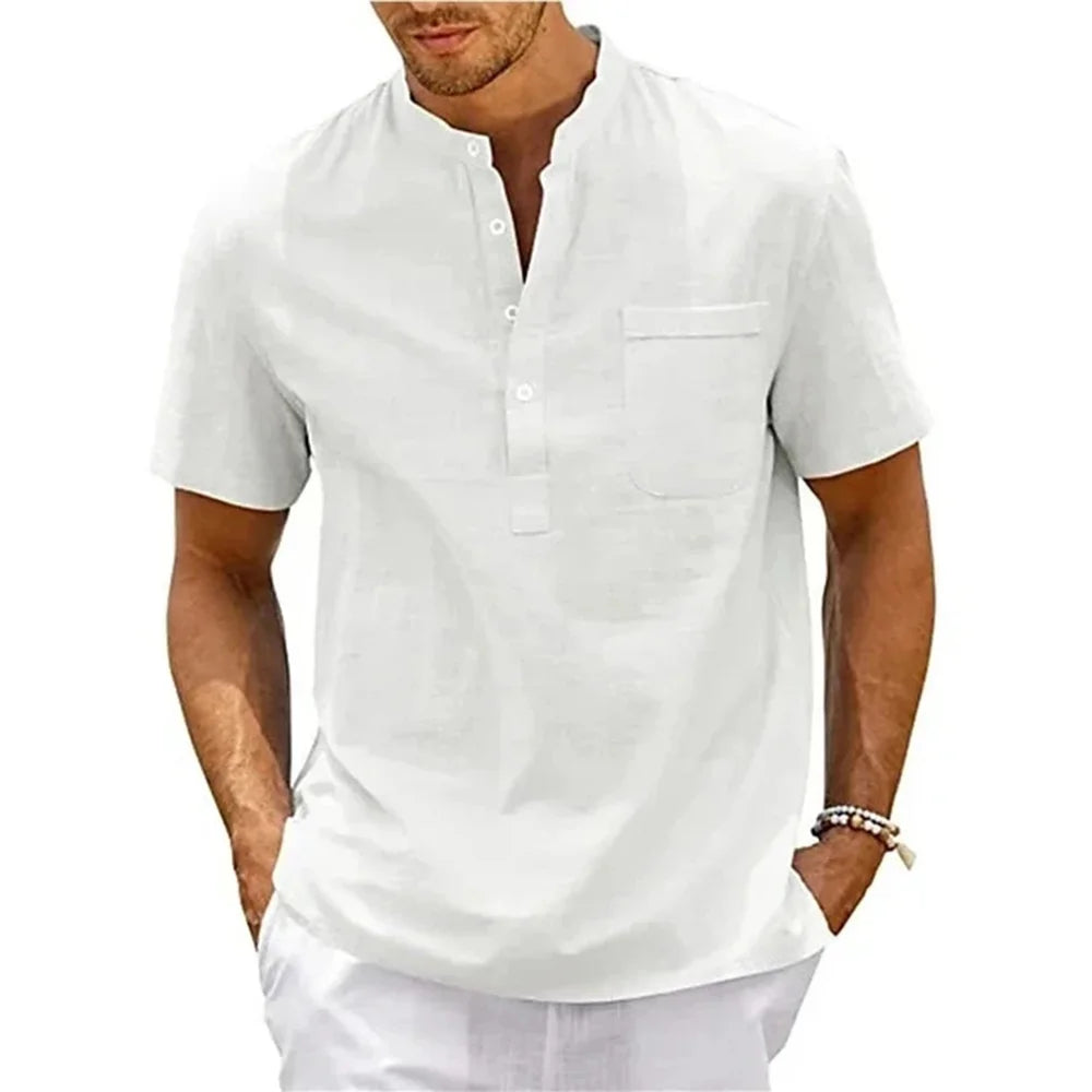 Cotton Linen Shirt Men Henley Neck Pocket Casual Beach Short Sleeve Solid Color Male Tops T-shirts Vintage Streetwear - NJPH Best Selling 