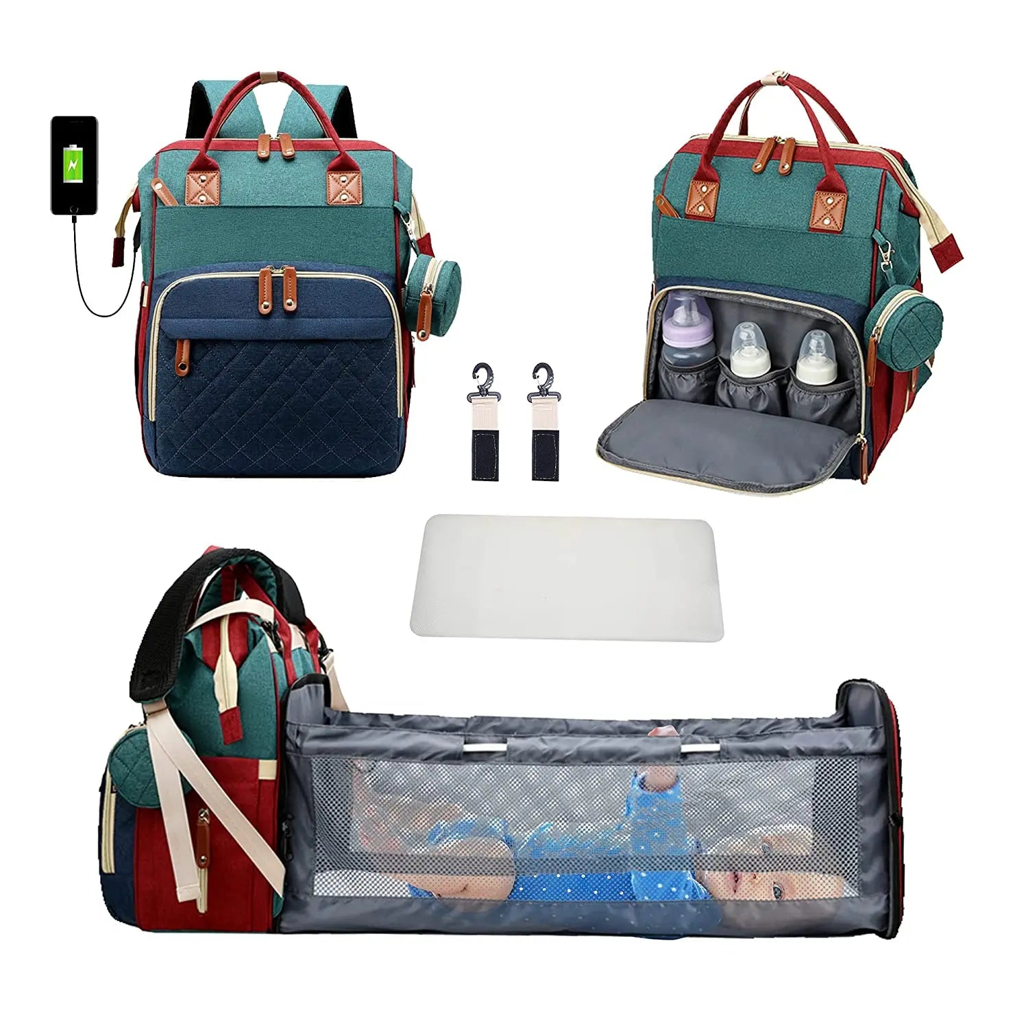 3 In 1 Diaper Bag Backpack Foldable Baby Bed Waterproof Travel Bag with USB Charge Diaper Bag Backpack with Changing Bed 3 types - NJPH Best Selling 