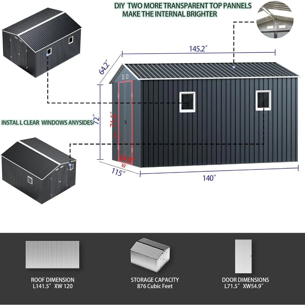 10X12X7.5 FT Outdoor Steel Storage Shed with Lockable Doors, Ideal for Garden, Backyard, and Patio Utility and Tool Storage - NJPH Best Selling 