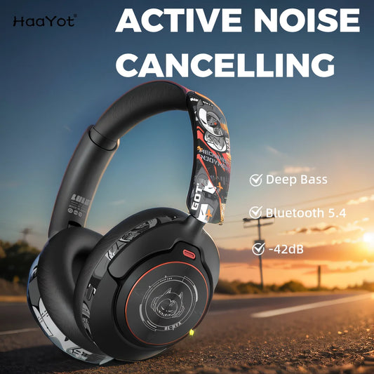 2024 Hand Painted ANC Wireless Headphones Over Ear Active Noise Cancelling Bluetooth 5.4 Headset Deep Bass with Microphones - NJPH Best Selling 