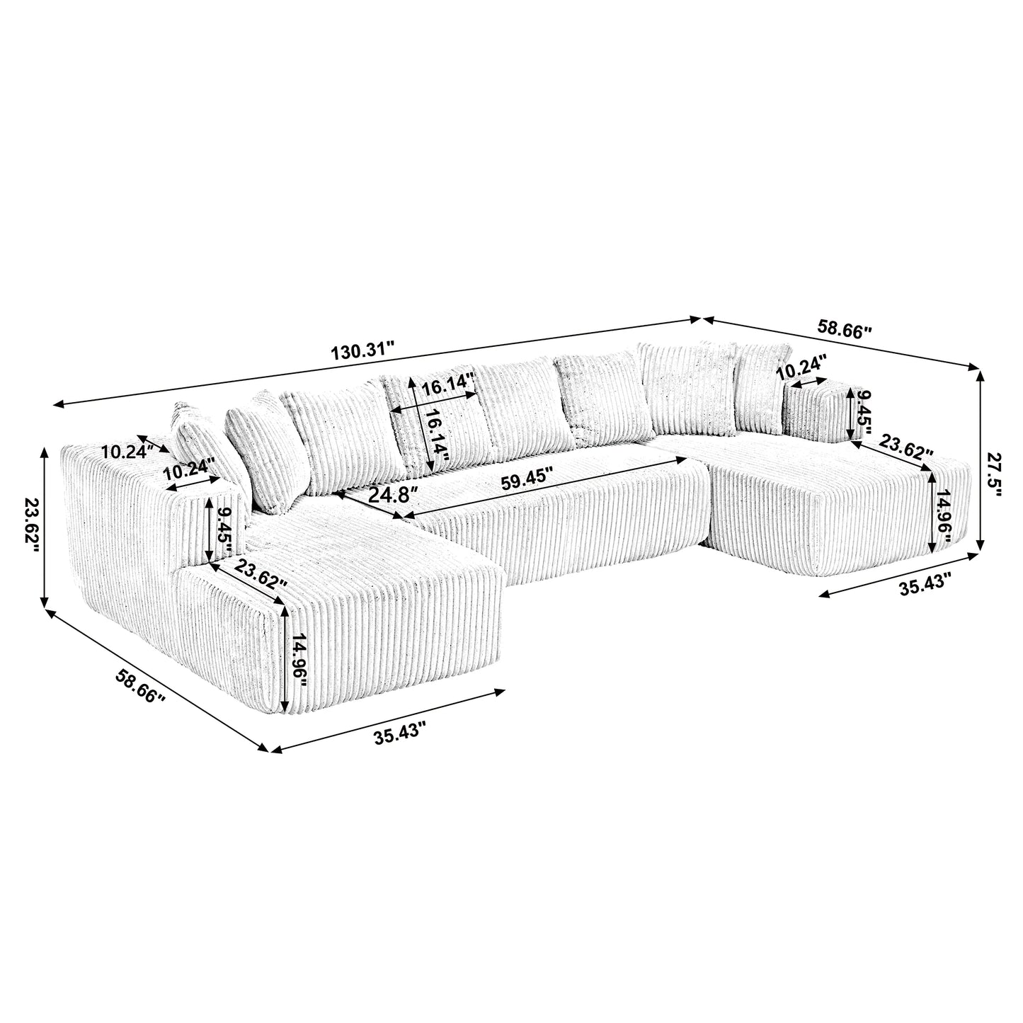 131'' Modular Sectional Couch, U-shaped sofa , Chaise Lounge, Striped fabric,Upholstered 4 Seater Couch