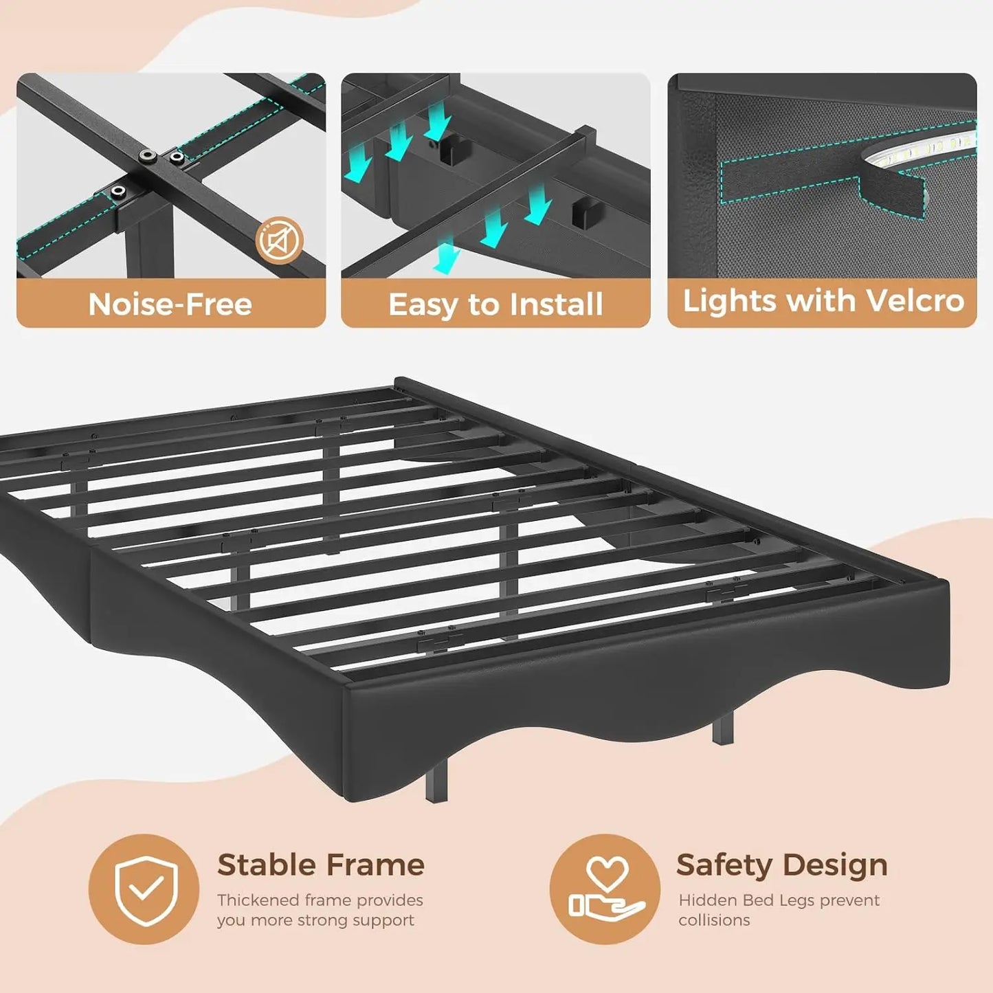 Floating double bed frame with charging station and LED light, leather wave-shaped structure stable without spring