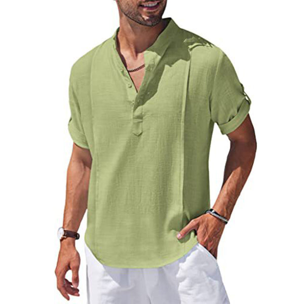 Henley Style Linen Shirt Men Casual Beach Shirt Short Sleeve T-Shirt Summer - NJPH Best Selling 