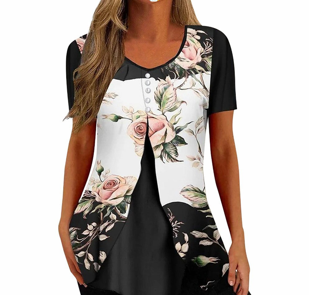 Fashion Printed Casual Short Sleeve Fake Two-piece T-shirts Women - NJPH Best Selling 