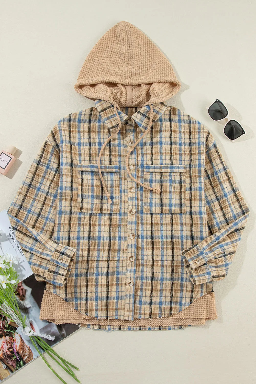 Drawstring Plaid Button Up Hooded Shacket - NJPH Best Selling 