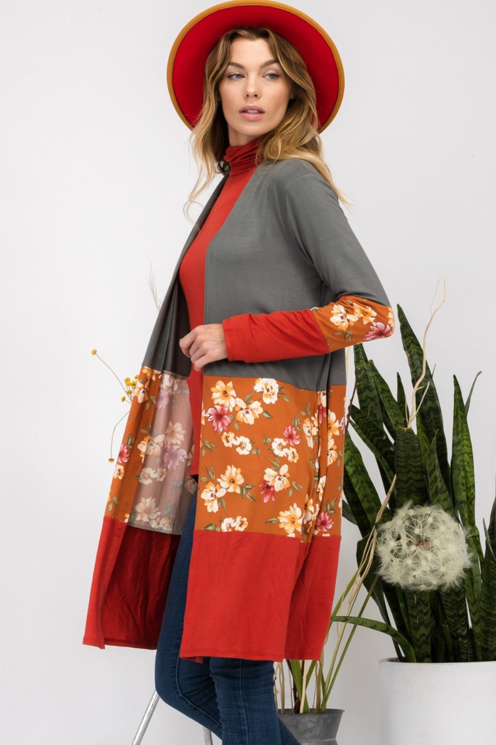 Celeste Full Size Floral Color Block Open Front Cardigan - NJPH Best Selling 