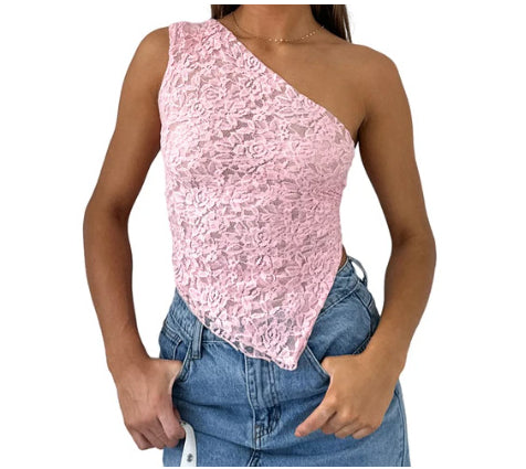 Ins Lace Backless Top Summer Solid Color Waistless Asymmetrical Sloped Neck Vest Streetwear Womens Clothes - NJPH Best Selling 