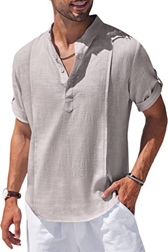 Henley Style Linen Shirt Men Casual Beach Shirt Short Sleeve T-Shirt Summer - NJPH Best Selling 