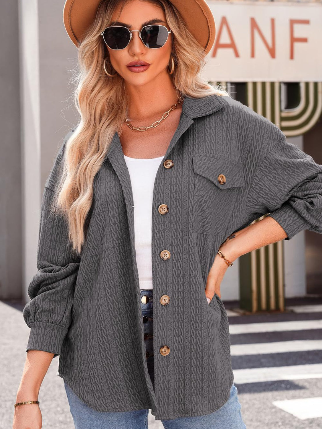 Textured Button Up Long Sleeve Shacket - NJPH Best Selling 