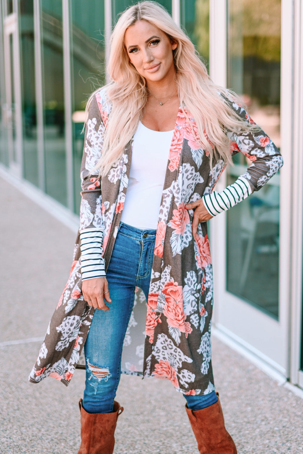 Stripe Detail Sleeve Floral Print Cardigan - NJPH Best Selling 