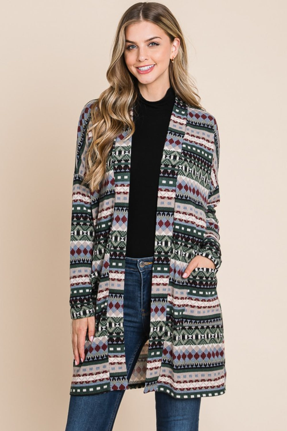 BOMBOM Geometric Open Front Long Sleeve Cardigan with Pockets - NJPH Best Selling 