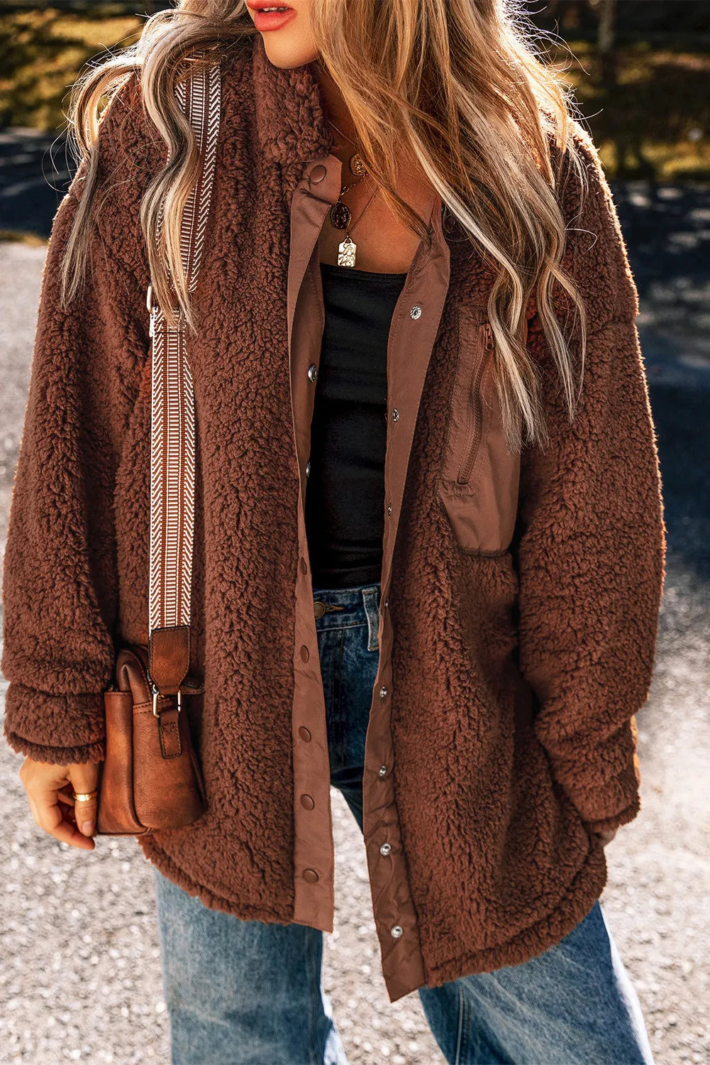 Fuzzy Snap Down Dropped Shoulder Jacket - NJPH Best Selling 